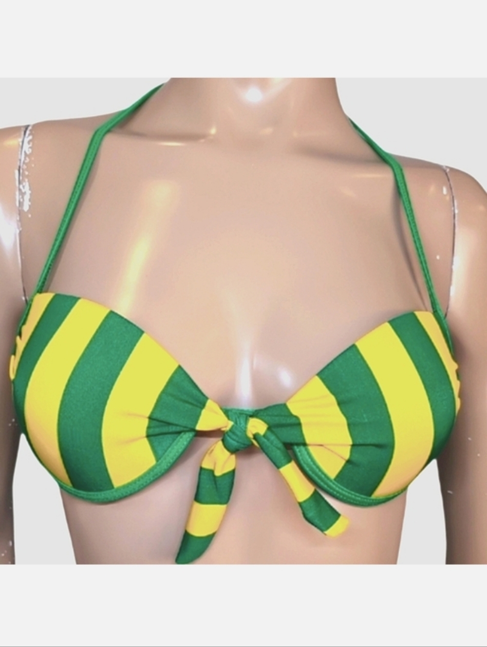 Vintage Brazilian Striped Bikini Top Halter Tie Front Underwire Green Yellow